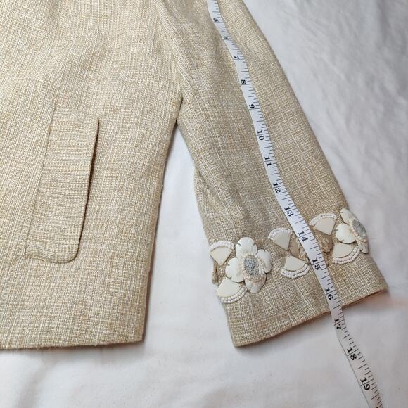 Rebecca Taylor Tweed Cropped Beaded Jeweled Blazer Beige 4 Preppy Old Money - Picture 11 of 13